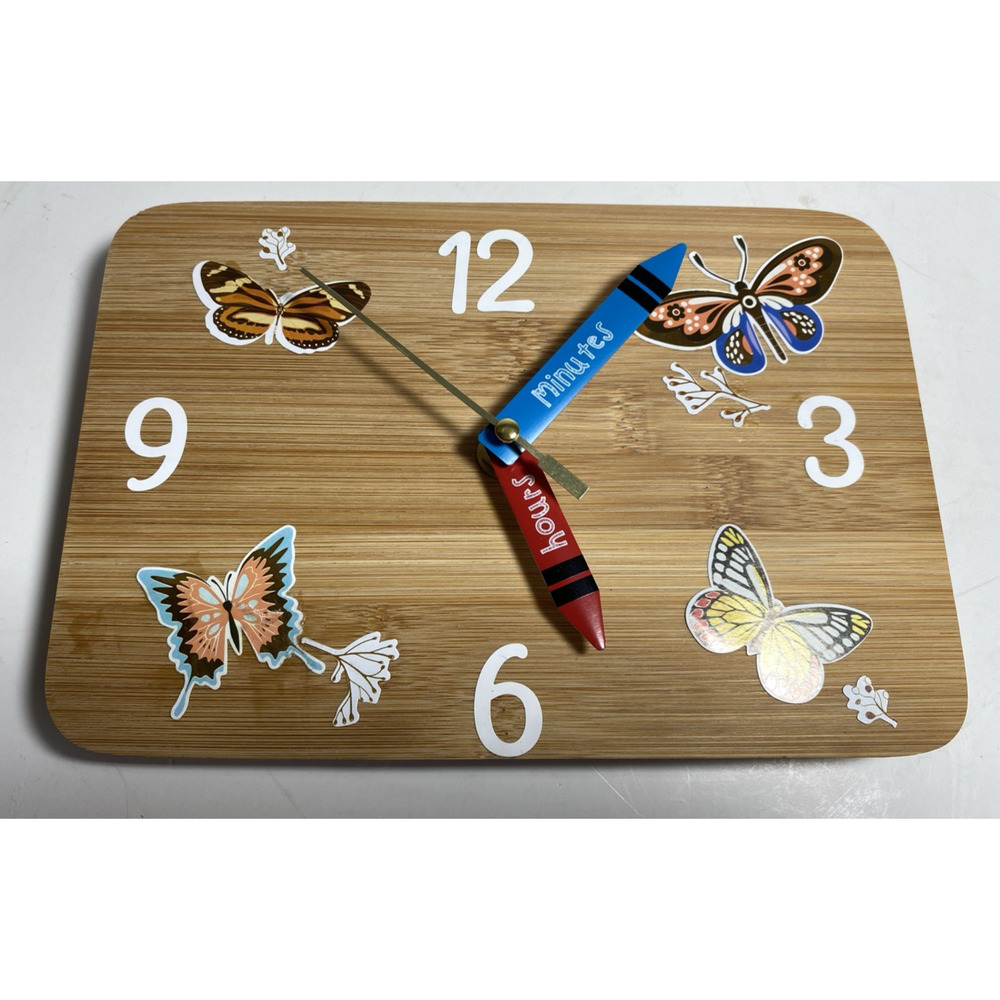 Oak Wood Wall Clock 9" X 6" Inch Hand Made Silent Non Tic Butterfly's NEW
